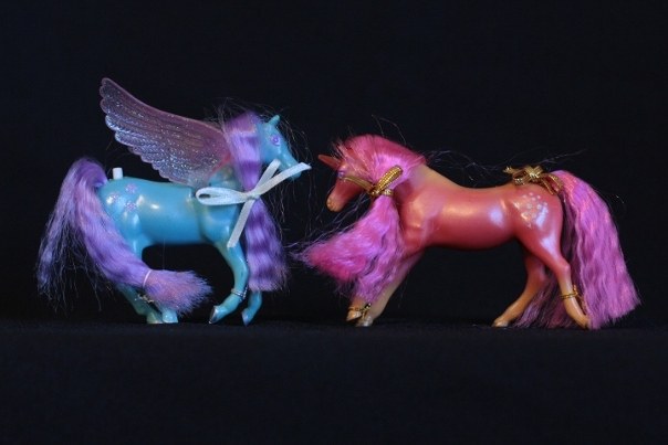 Ariella & Flora; <h2>Ariella</h2> Body Color: Blue <br/>Hair Color: Purple/Alternate Yellow <br/>Breed: Pegasus Pink Wings <br/>Symbol: 3 Pink Flowers<br/>Brush: Pink <br/> Accessories: 2 White Ribbons<br/>Notes: See MIB photo for Yellow hair alternate version.<h2>Flora</h2>  Body Color: Reddish Orange and Orange<br/>Hair Color: Dark Pink <br/>Breed: Unicorn Pink Horn <br/>Symbol: White Spots <br/> Accessories: 2 Gold Ribbons<br/>Notes: 