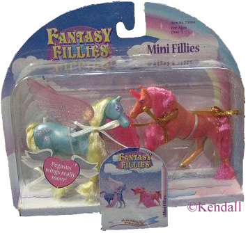 Ariella & Flora; <h2>Ariella</h2> Body Color: Blue <br/>Hair Color: Purple/Alternate Yellow <br/>Breed: Pegasus Pink Wings <br/>Symbol: 3 Pink Flowers<br/>Brush: Pink <br/> Accessories: 2 White Ribbons<br/>Notes: See MIB photo for Yellow hair alternate version.<h2>Flora</h2>  Body Color: Reddish Orange and Orange<br/>Hair Color: Dark Pink <br/>Breed: Unicorn Pink Horn <br/>Symbol: White Spots <br/> Accessories: 2 Gold Ribbons<br/>Notes: 