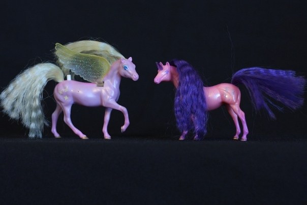 Skye & Daria; <h2>Skye</h2> Body Color: Puplish Pink and Pink<br/>Hair Color: Yellow<br/>Breed: Pegasus Yellow Wings<br/>Symbol: 3 Yellow 4-point Stars<br/>Brush: Dark Blue<br/> Accessories: 2 pink Ribbons with subtle white stripes<br/>Notes: Tail in twisted Braid <h2>Daria</h2>  Body Color: Orangish Pink and Purple<br/>Hair Color: Dark Purple <br/>Breed: Unicorn Purple Horn <br/>Symbol: 3 Fleur-de-lis (I think, they might be crowns, but its hard to tell)<br/>Accessories: 2 Hot Pink Ribbons<br/>Notes: Tail Braided <br/> Trading Card Story: Skye is a fun-loving Pegasus, who always has her head in the clouds. She delights in flying through sparkling summer sun showers. Her best friend Daria, rolls on the ground laughing at her friend who always has a dripping wet mane and tail. Daria loves to play hide and seek. But she likes to be easily found!